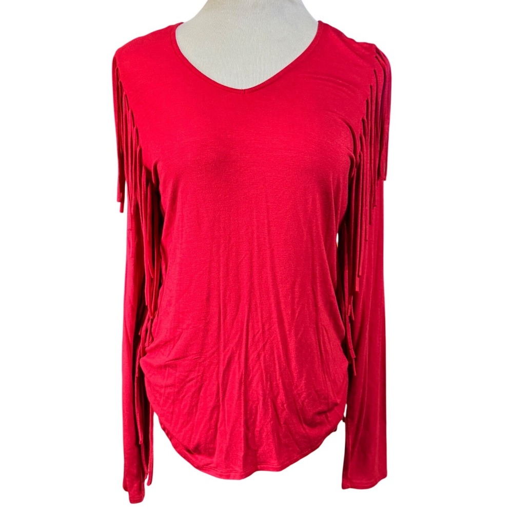John Paul Richard Fringe Top Womens Medium Red Western Boho Long Sleeve V-Neck